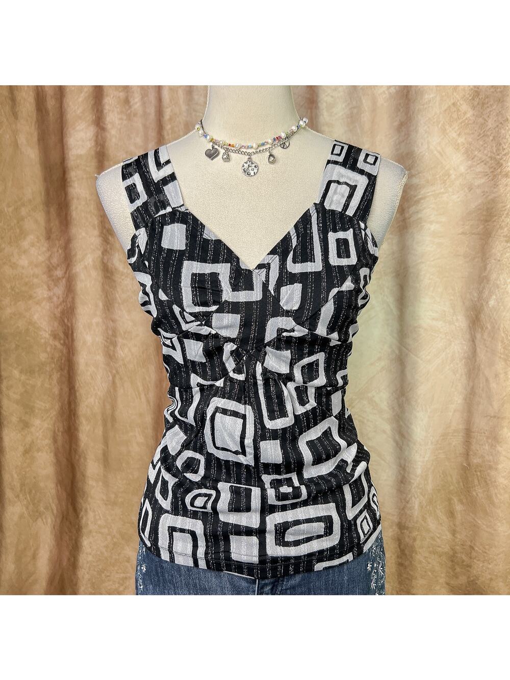 Vintage 90s Geometric Tank Top Metallic Black Gray V Neck Party Mod Disco Club